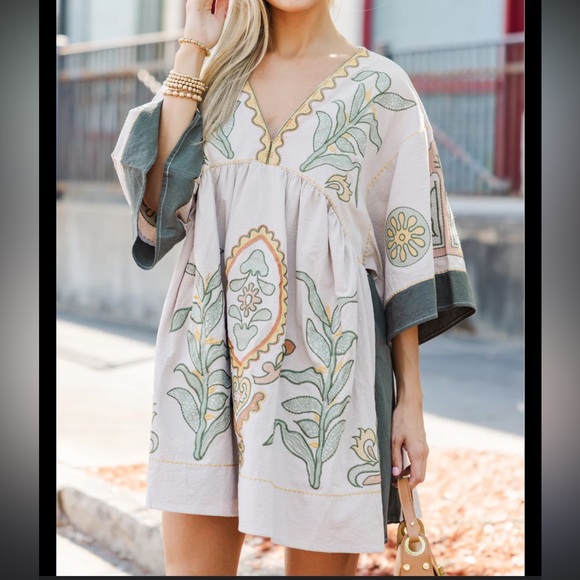 green emerald velvet dress Embroidered Floral Smocked Waist Dress Cover-Up